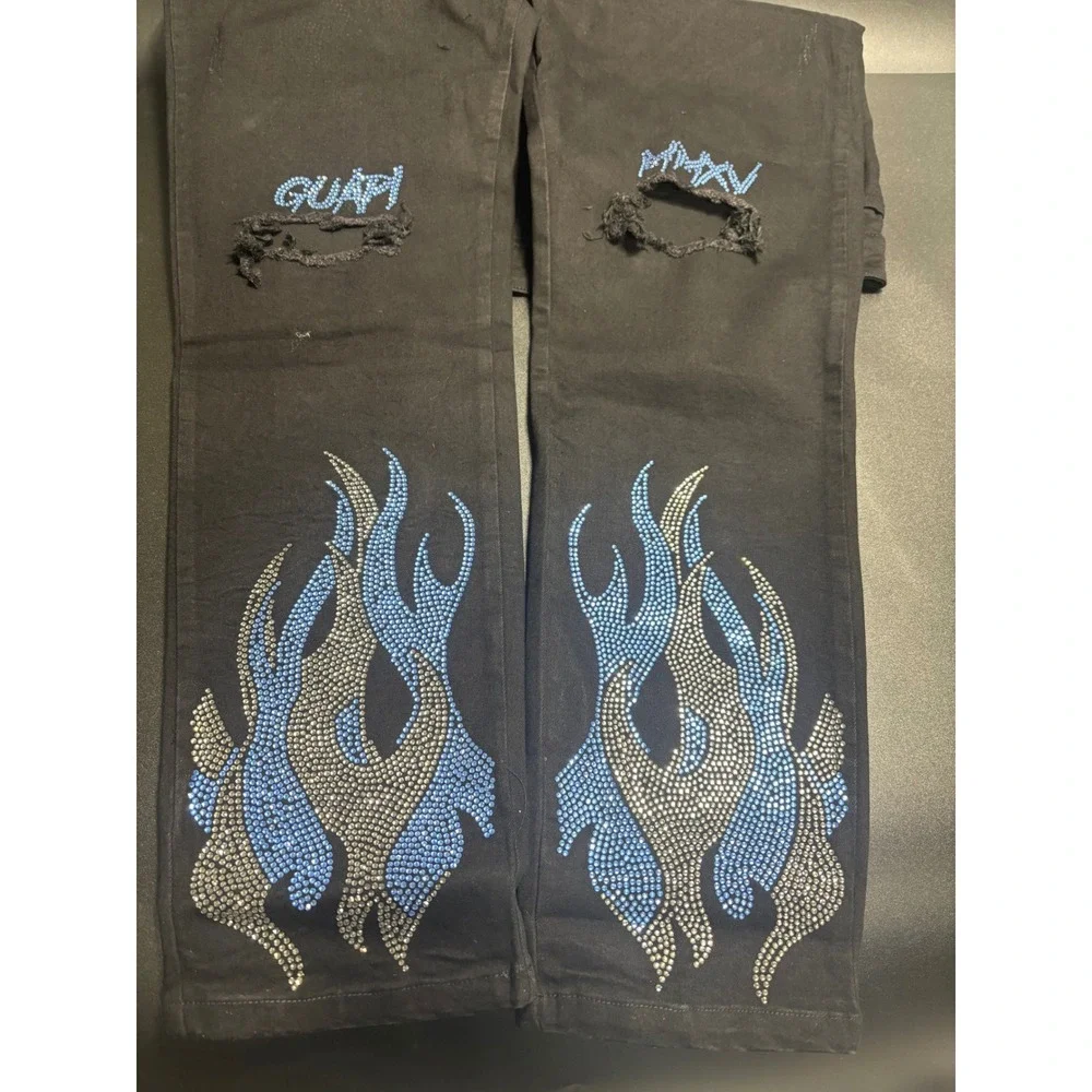 Guapi NEW Men's Rhinestone Flame Jeans Black Distressed Denim Slim‎ Fit Size 40